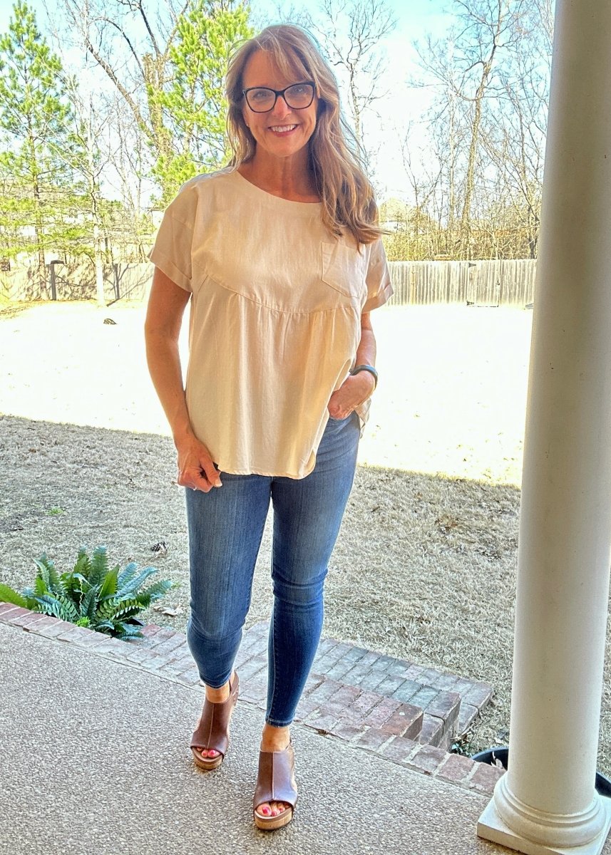 Crew Neck Babydoll Top - Taupe - Casual Top - Jimberly's Boutique - Olive Branch - Mississippi