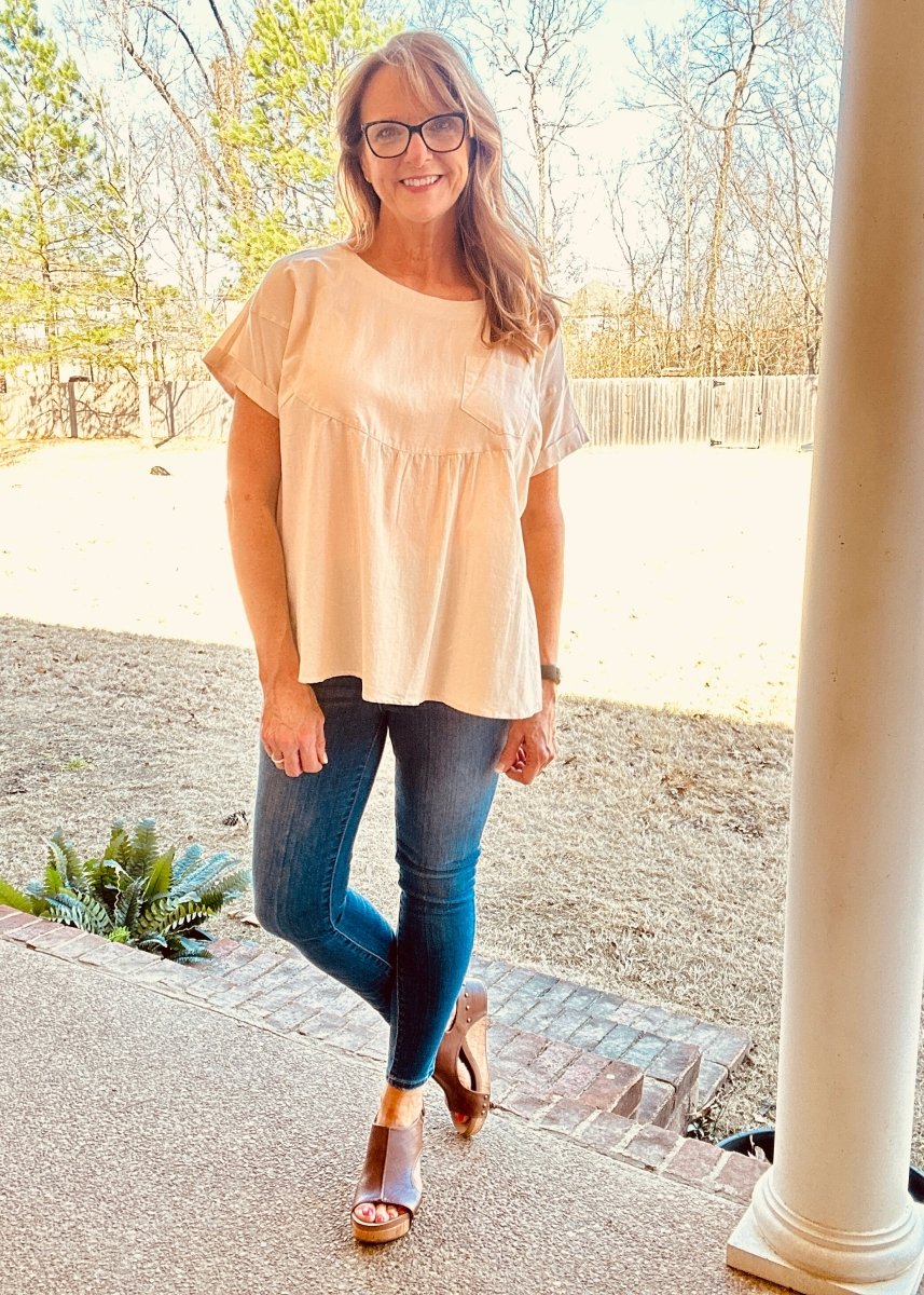 Crew Neck Babydoll Top - Taupe - Casual Top - Jimberly's Boutique - Olive Branch - Mississippi