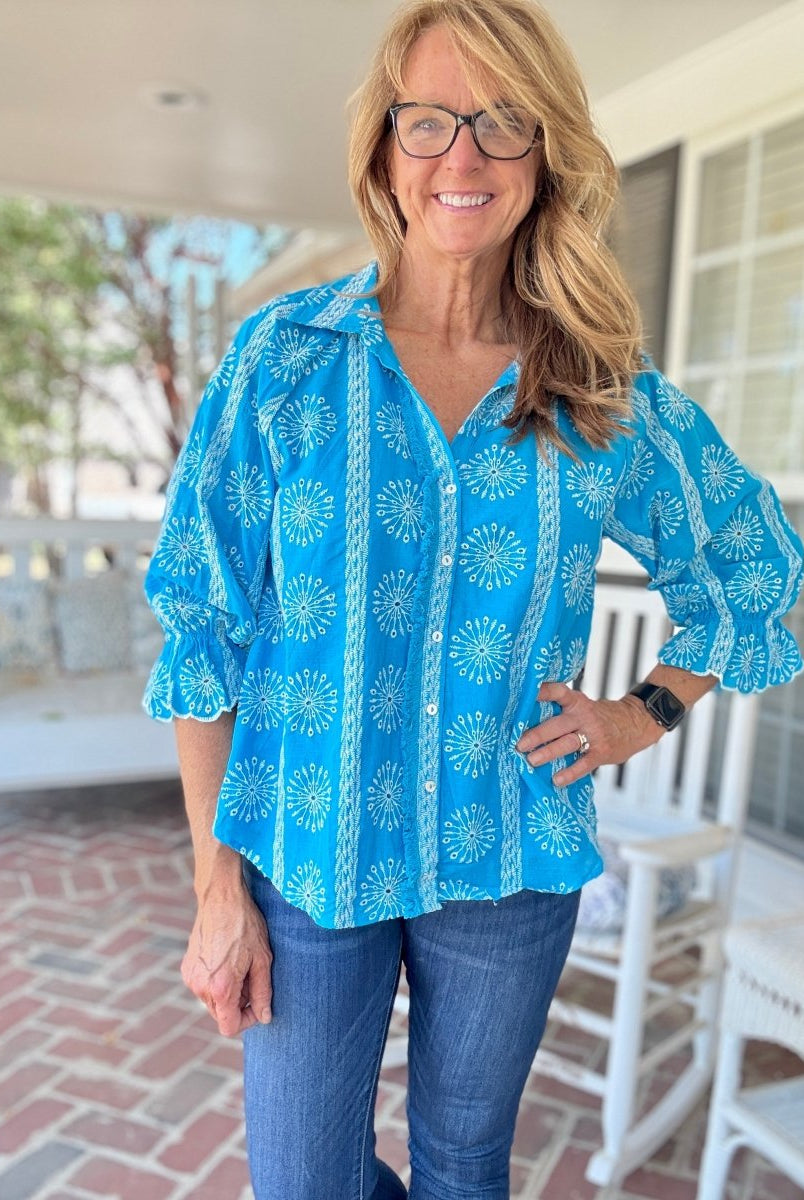 Embroidered 3/4 Sleeve Top - Aqua - Umgee Top - Jimberly's Boutique - Olive Branch - Mississippi