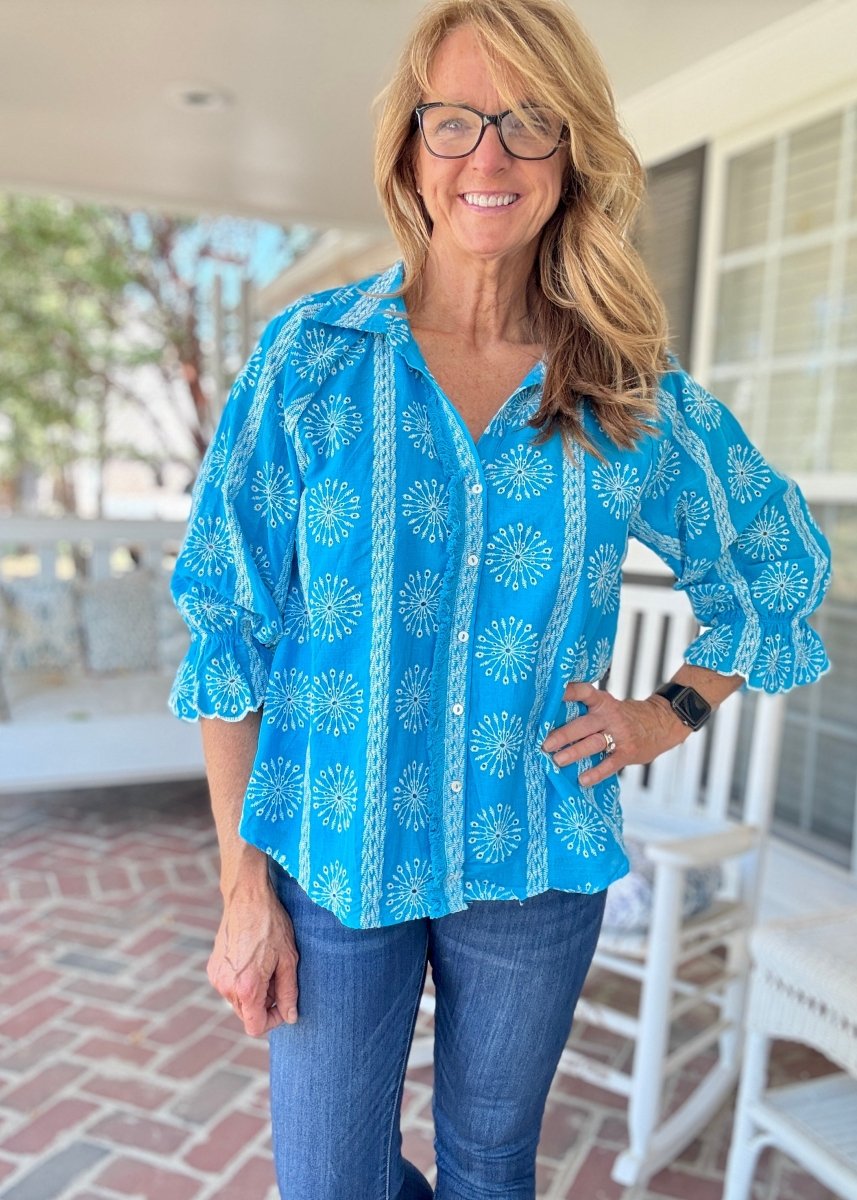 Embroidered 3/4 Sleeve Top - Aqua - Umgee Top - Jimberly's Boutique - Olive Branch - Mississippi