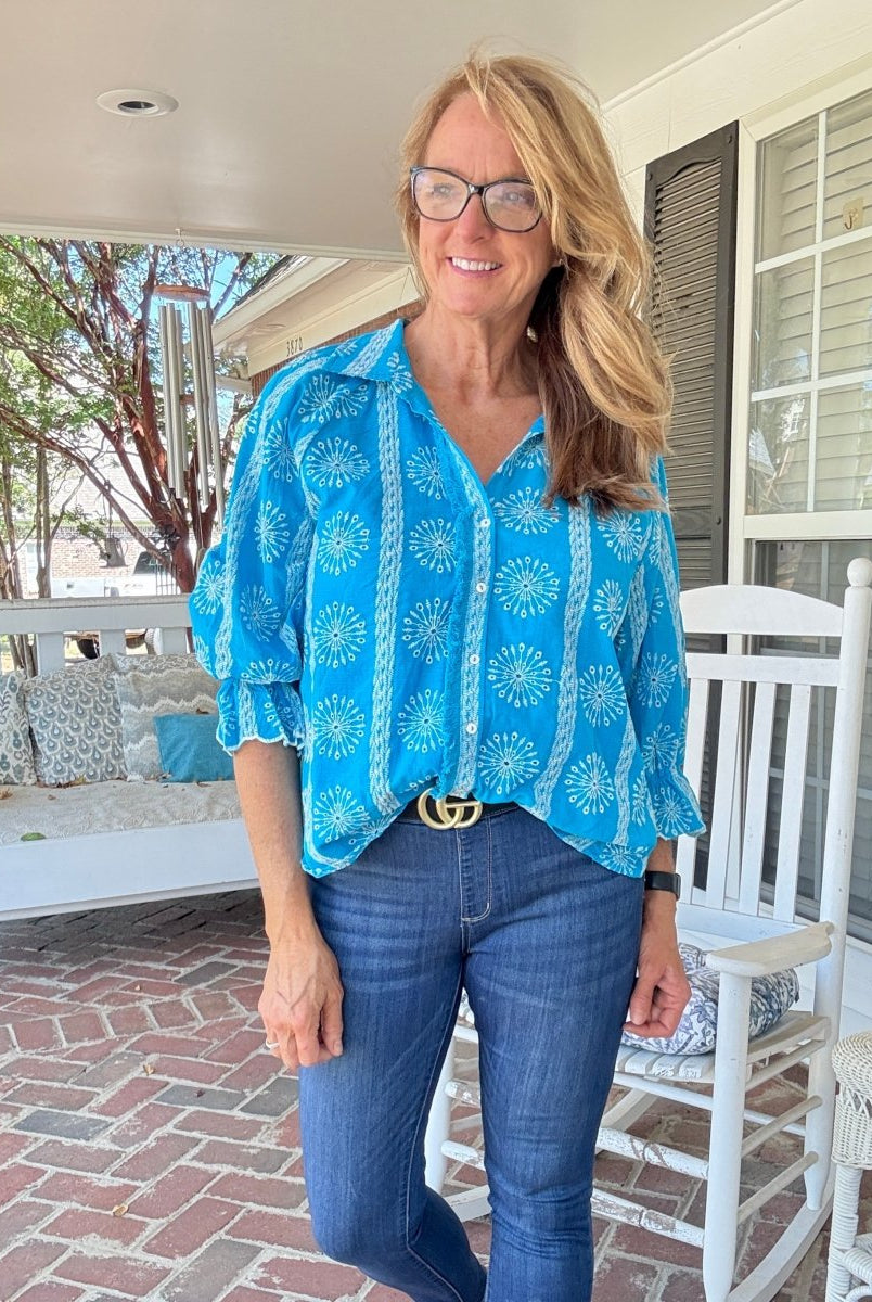 Embroidered 3/4 Sleeve Top - Aqua - Umgee Top - Jimberly's Boutique - Olive Branch - Mississippi