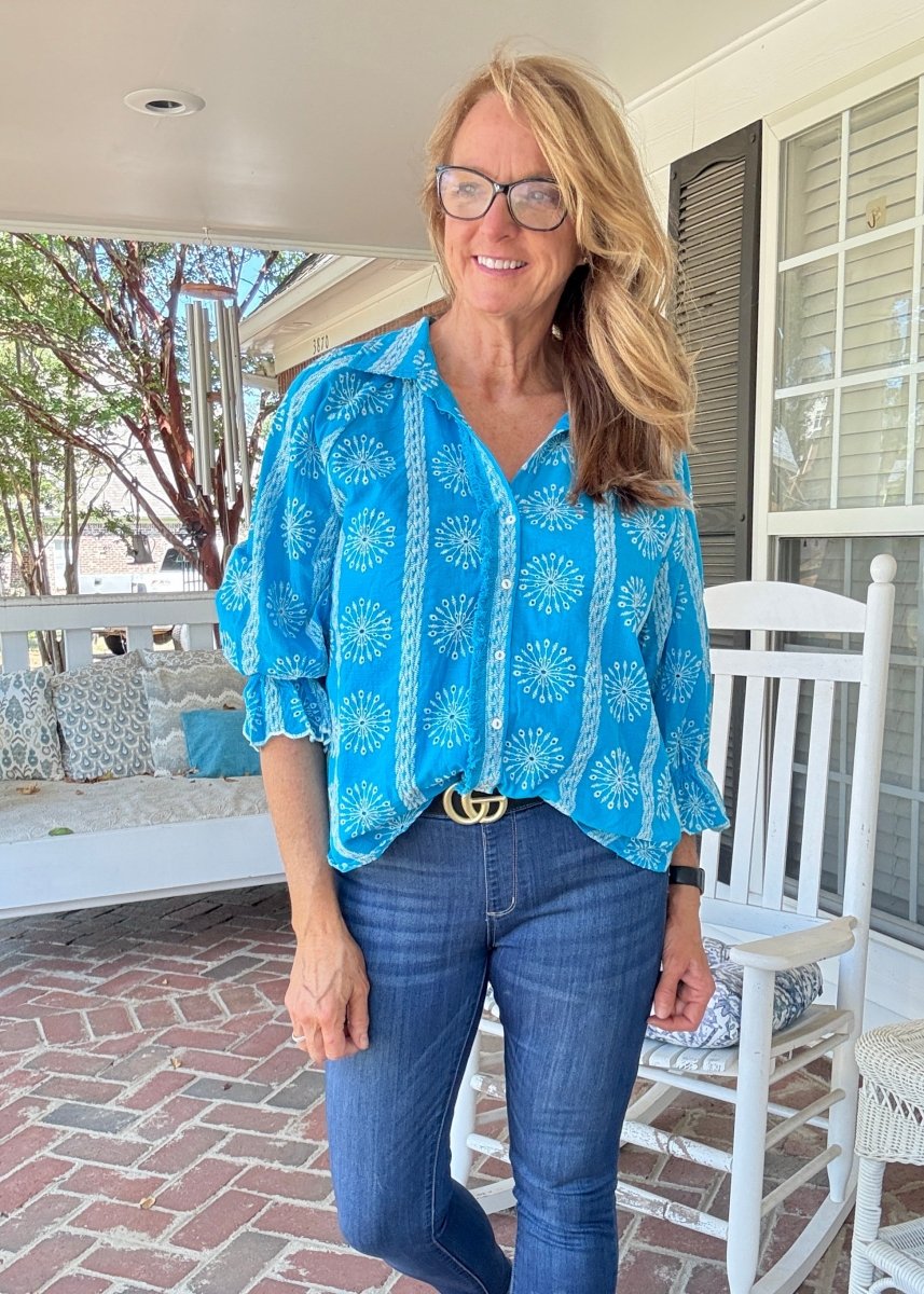 Embroidered 3/4 Sleeve Top - Aqua - Umgee Top - Jimberly's Boutique - Olive Branch - Mississippi