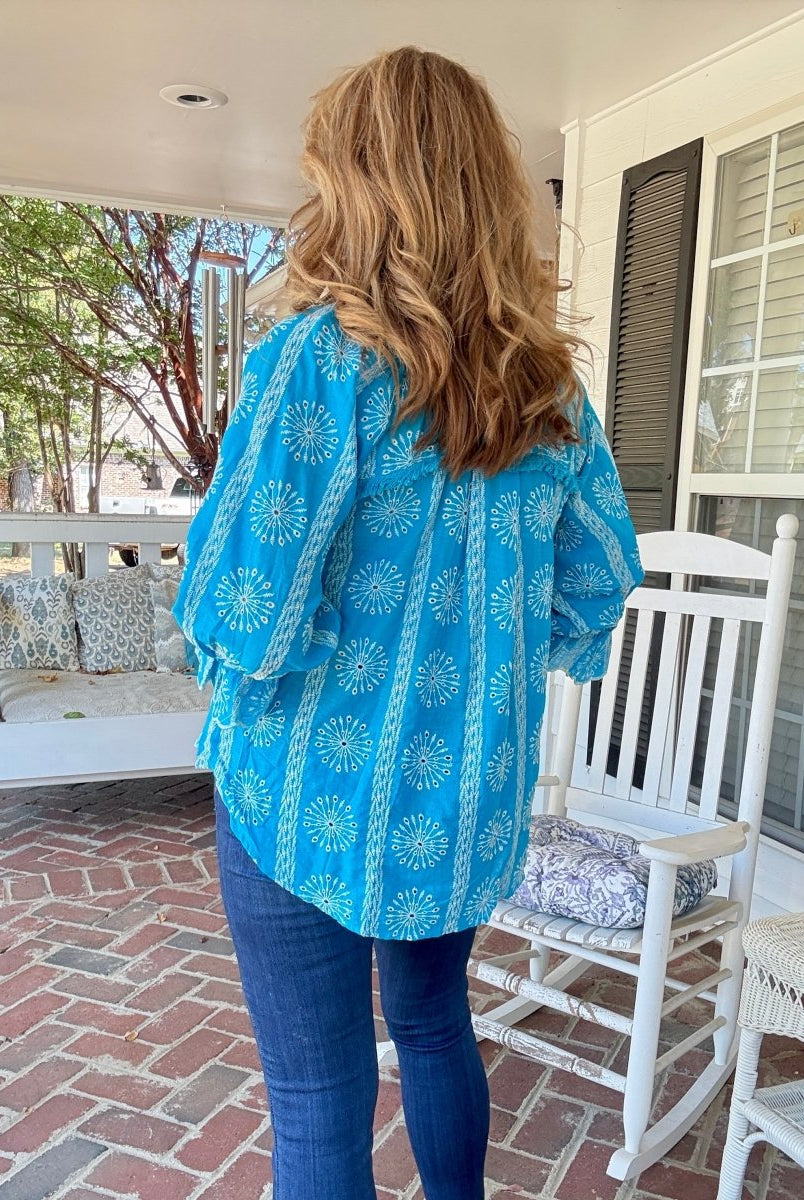 Embroidered 3/4 Sleeve Top - Aqua - Umgee Top - Jimberly's Boutique - Olive Branch - Mississippi