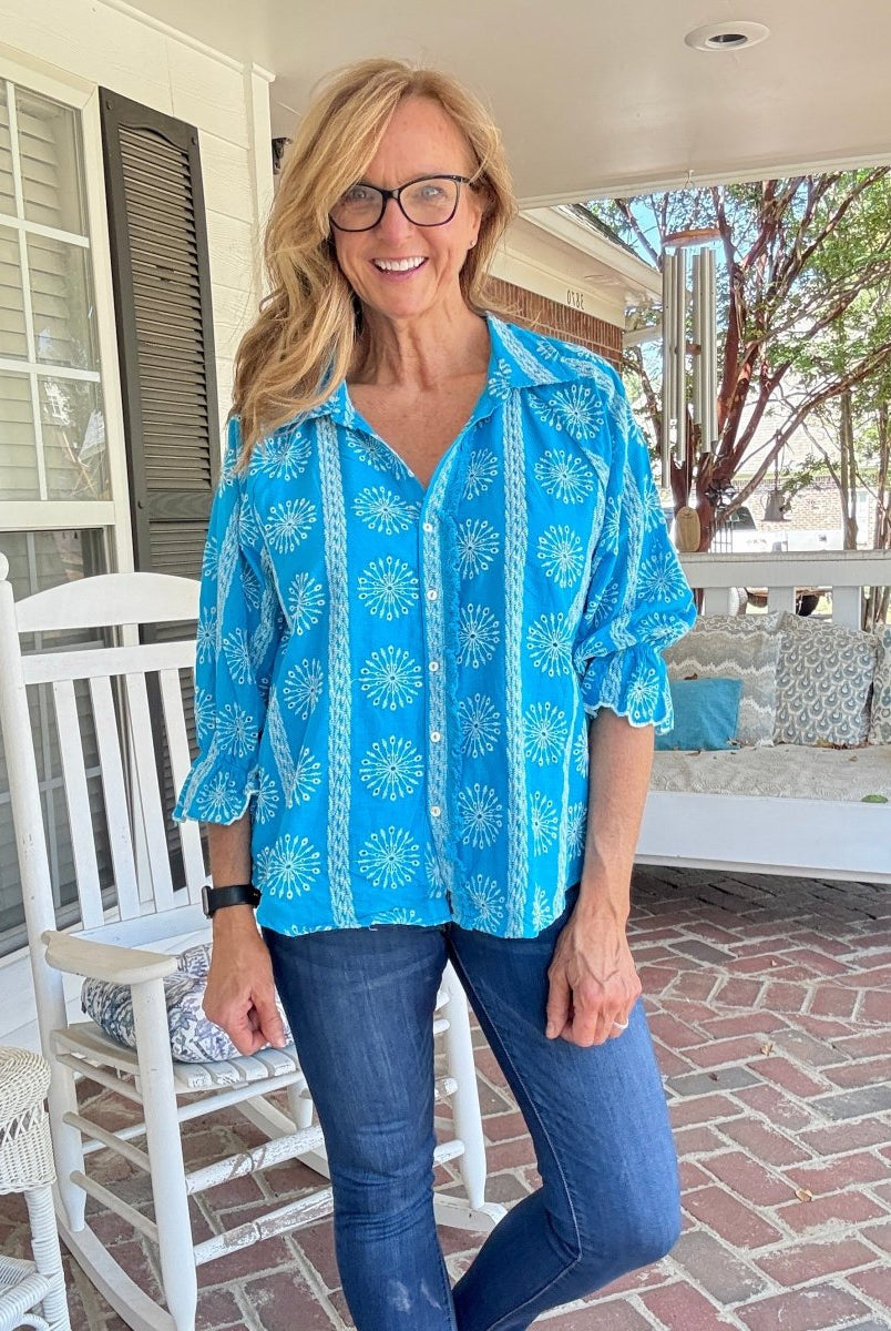 Embroidered 3/4 Sleeve Top - Aqua - Umgee Top - Jimberly's Boutique - Olive Branch - Mississippi