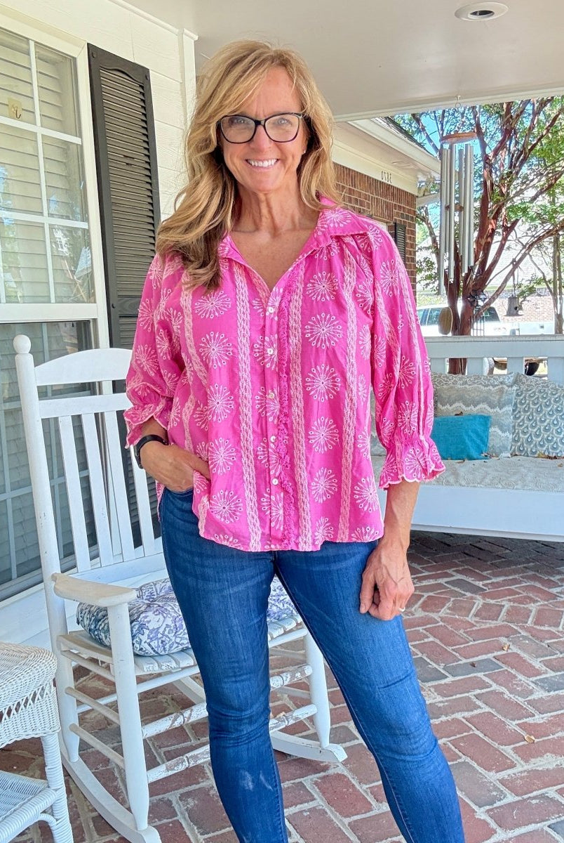Embroidered 3/4 Sleeve Top - Pink - Umgee Top - Jimberly's Boutique - Olive Branch - Mississippi
