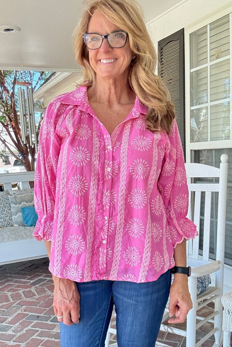 Embroidered 3/4 Sleeve Top - Pink - Umgee Top - Jimberly's Boutique - Olive Branch - Mississippi