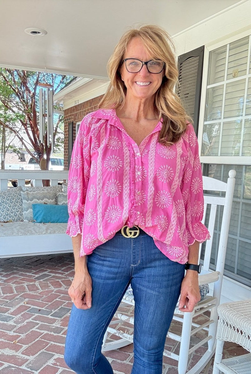 Embroidered 3/4 Sleeve Top - Pink - Umgee Top - Jimberly's Boutique - Olive Branch - Mississippi