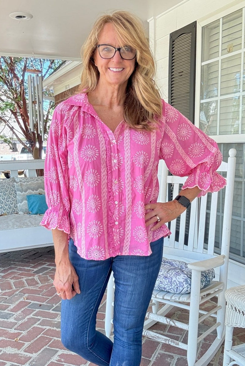 Embroidered 3/4 Sleeve Top - Pink - Umgee Top - Jimberly's Boutique - Olive Branch - Mississippi