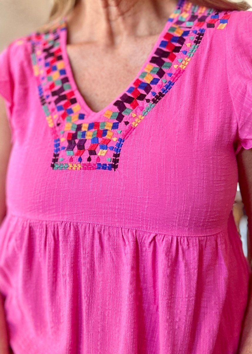 Embroidered V Neck Top - Pink - Casual Top - Jimberly's Boutique - Olive Branch - Mississippi