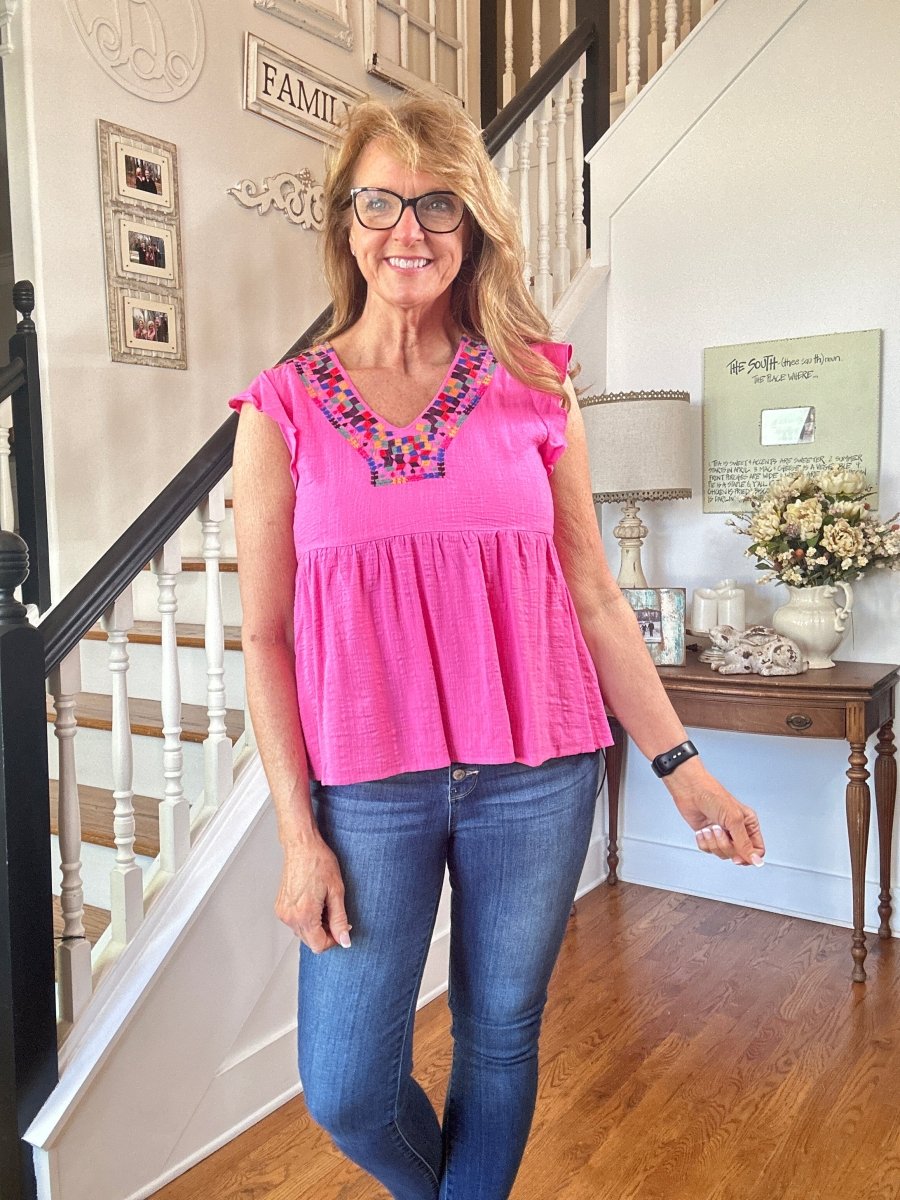 Embroidered V Neck Top - Pink - Casual Top - Jimberly's Boutique - Olive Branch - Mississippi