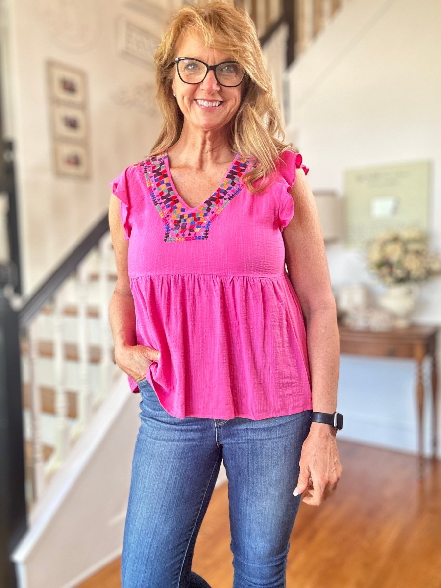 Embroidered V Neck Top - Pink - Casual Top - Jimberly's Boutique - Olive Branch - Mississippi