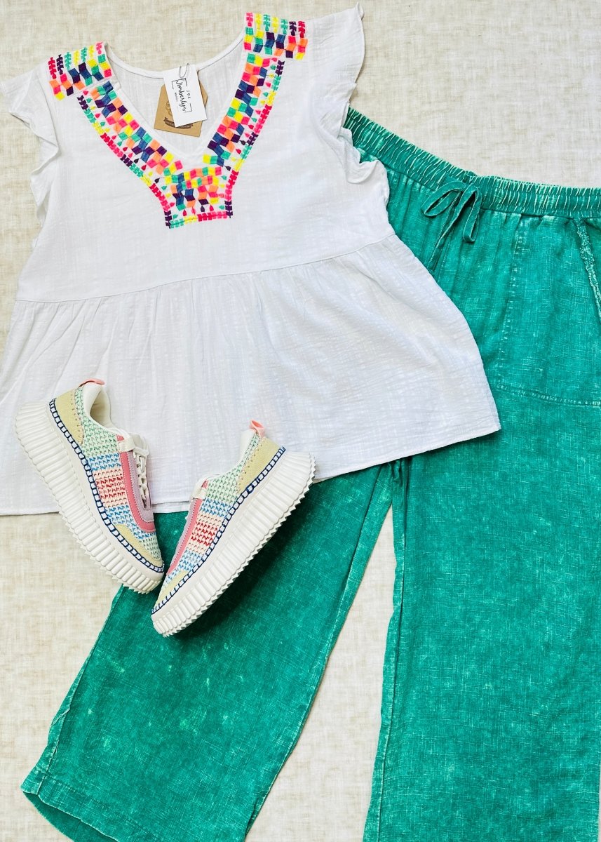 Embroidered V Neck Top - White - Casual Top - Jimberly's Boutique - Olive Branch - Mississippi