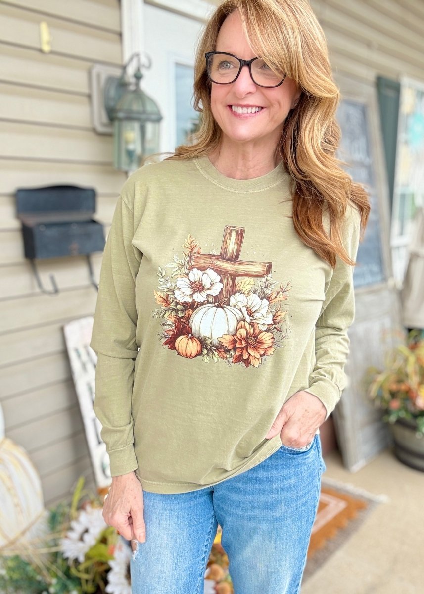 Fall Cross & Pumpkin Comfort Colors Long Sleeve - Long Sleeve Comfort Colors - Jimberly's Boutique - Olive Branch - Mississippi