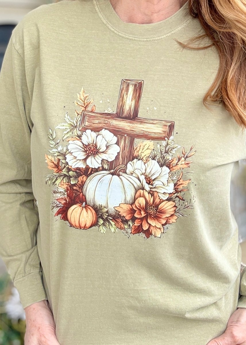 Fall Cross & Pumpkin Comfort Colors Long Sleeve - Long Sleeve Comfort Colors - Jimberly's Boutique - Olive Branch - Mississippi