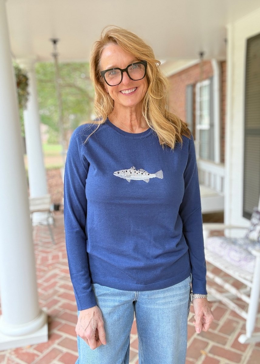 Fish Embroidered Sweater - Navy - Jimberly's Boutique-Olive Branch-Mississippi