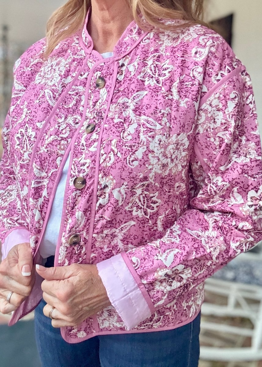 Floral Print Front Button Quilted Jacket - Pink - quilted jacket - Jimberly's Boutique - Olive Branch - Mississippi