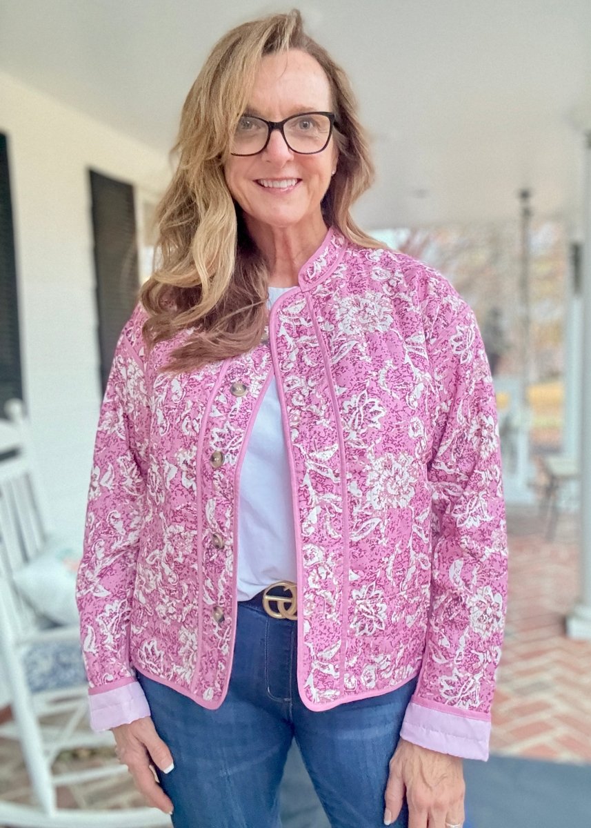 Floral Print Front Button Quilted Jacket - Pink - quilted jacket - Jimberly's Boutique - Olive Branch - Mississippi