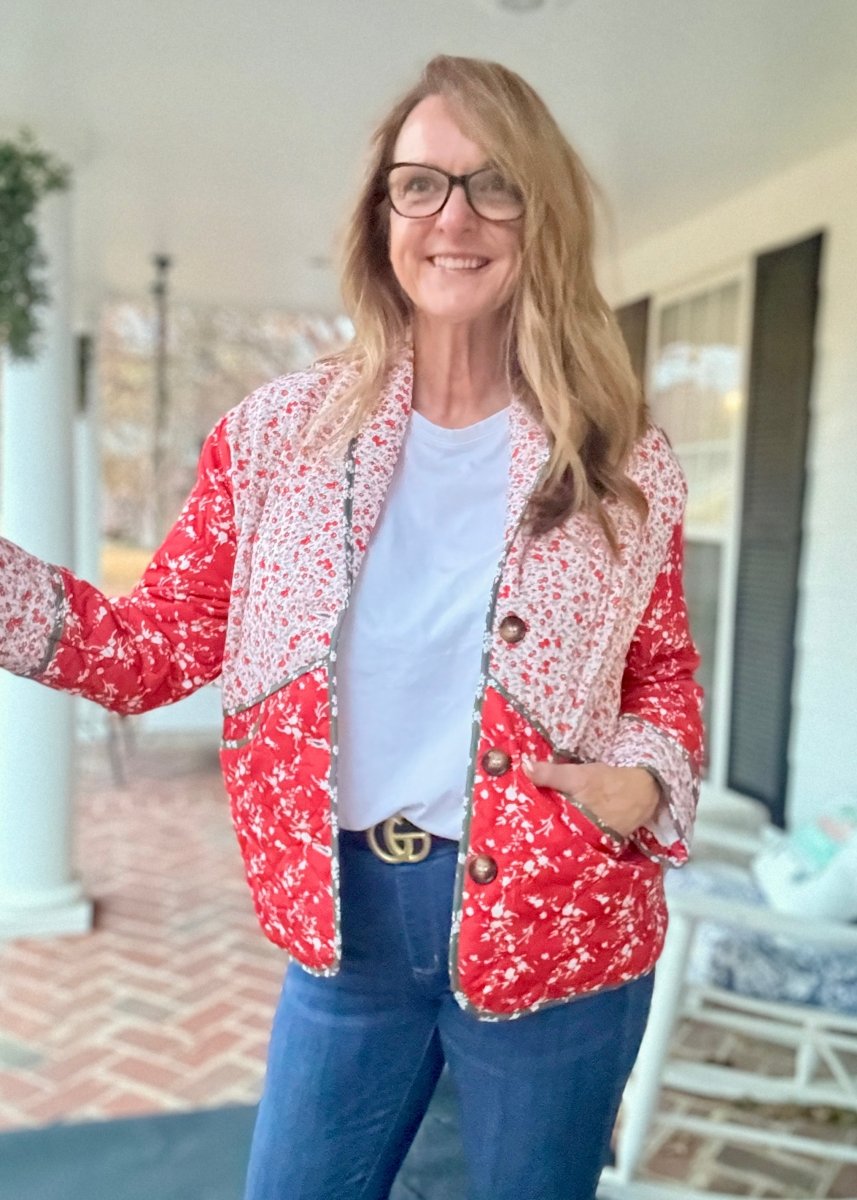 Floral Print Shawl Collar Quilted Jacket - Red - quilted jacket - Jimberly's Boutique - Olive Branch - Mississippi