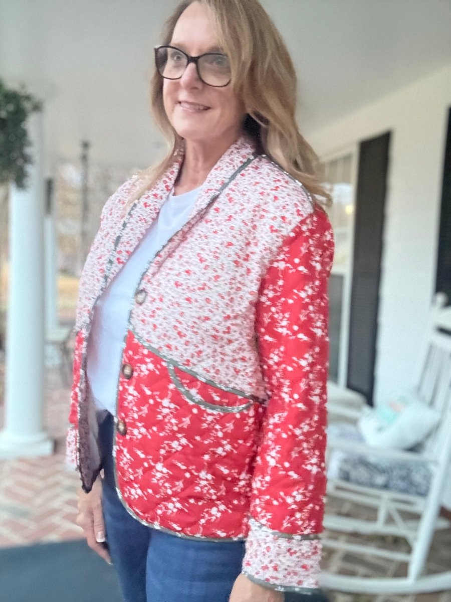 Floral Print Shawl Collar Quilted Jacket - Red - quilted jacket - Jimberly's Boutique - Olive Branch - Mississippi