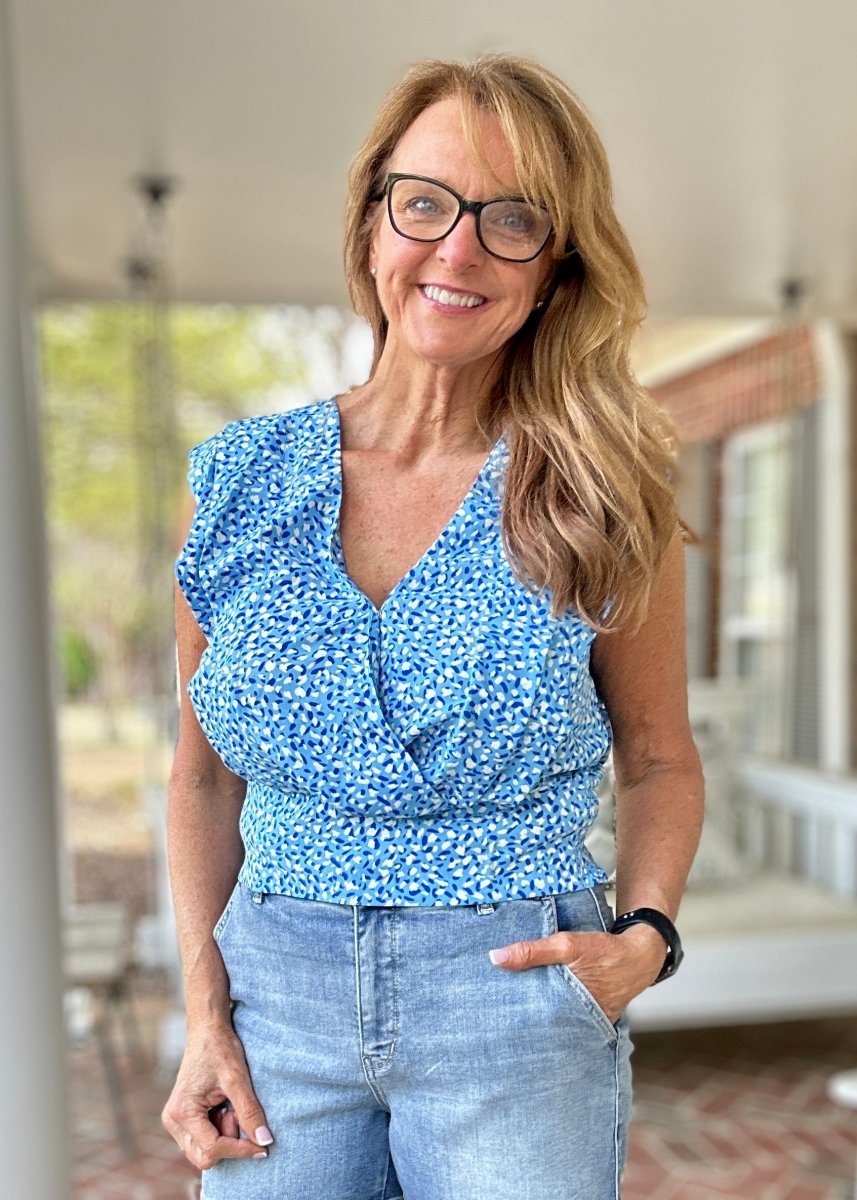 Floral V Neck Smocked Waist Top - Blue - Casual Top - Jimberly's Boutique - Olive Branch - Mississippi