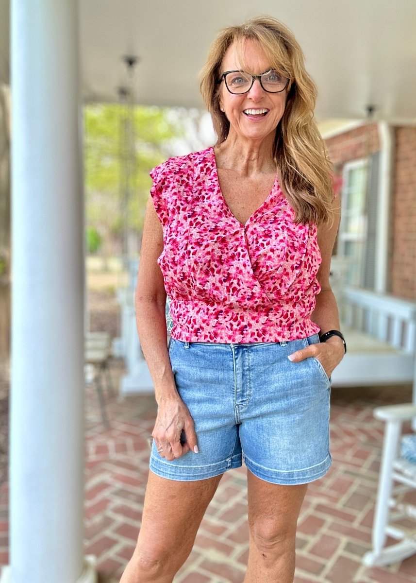 Floral V Neck Smocked Waist Top - Peach/Orange/Fuchsia - Casual Top - Jimberly's Boutique - Olive Branch - Mississippi