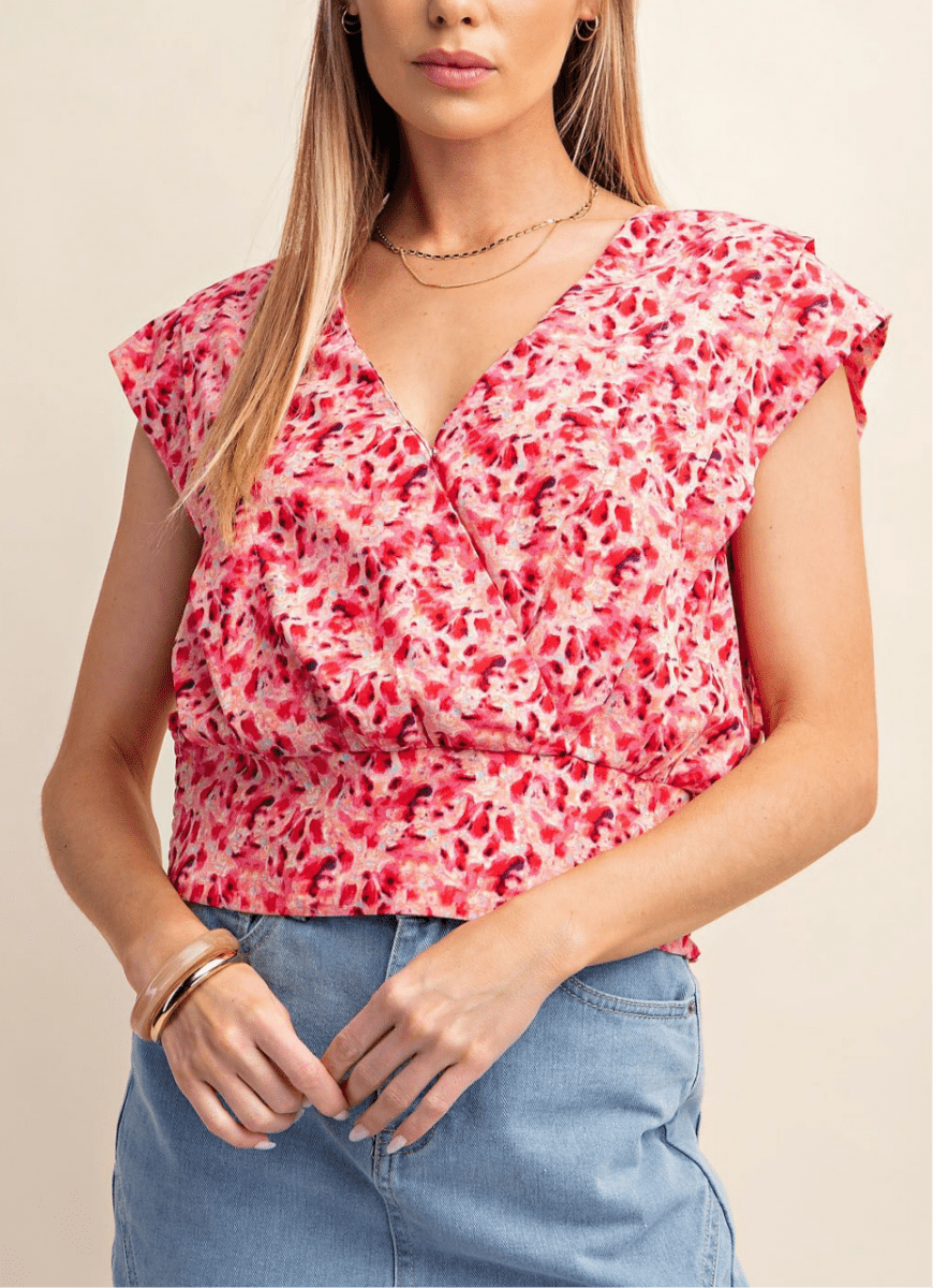 Floral V Neck Smocked Waist Top - Peach/Orange/Fuchsia - Casual Top - Jimberly's Boutique - Olive Branch - Mississippi
