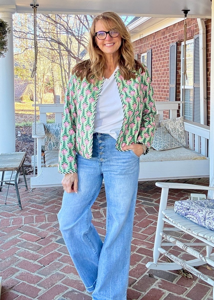 Flower Printed Jacket - Green - quilted jacket - Jimberly's Boutique - Olive Branch - Mississippi