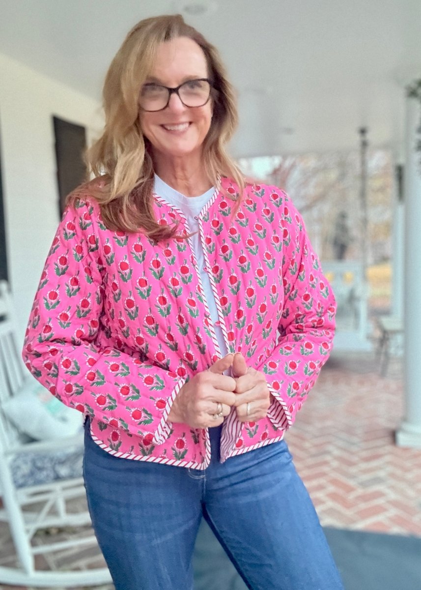 Flower Printed Jacket - Pink - quilted jacket - Jimberly's Boutique - Olive Branch - Mississippi