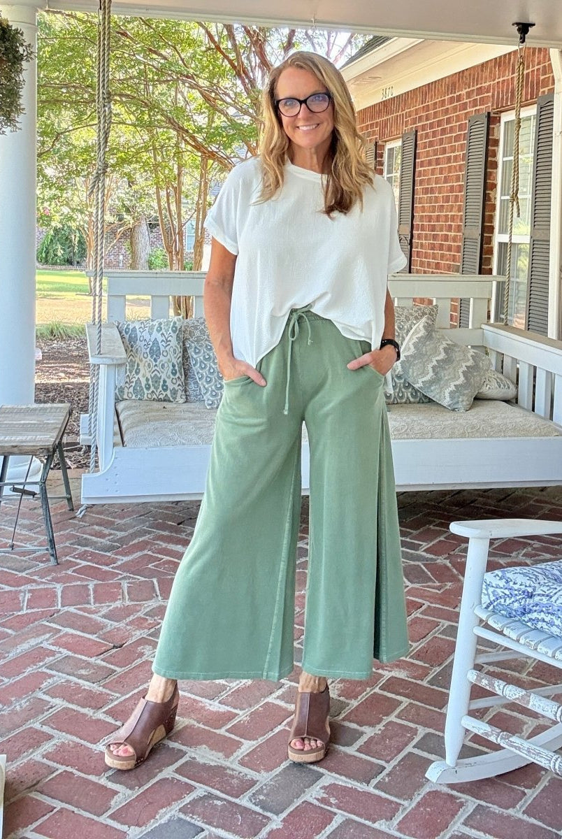 French Terry Enzyme Wash Pants - Lt Olive - casual pants - Jimberly's Boutique - Olive Branch - Mississippi