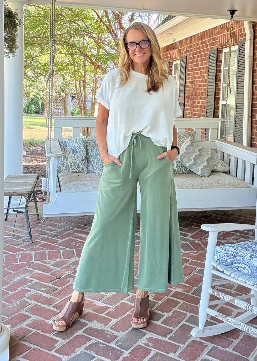 French Terry Enzyme Wash Pants - Lt Olive - casual pants - Jimberly's Boutique - Olive Branch - Mississippi