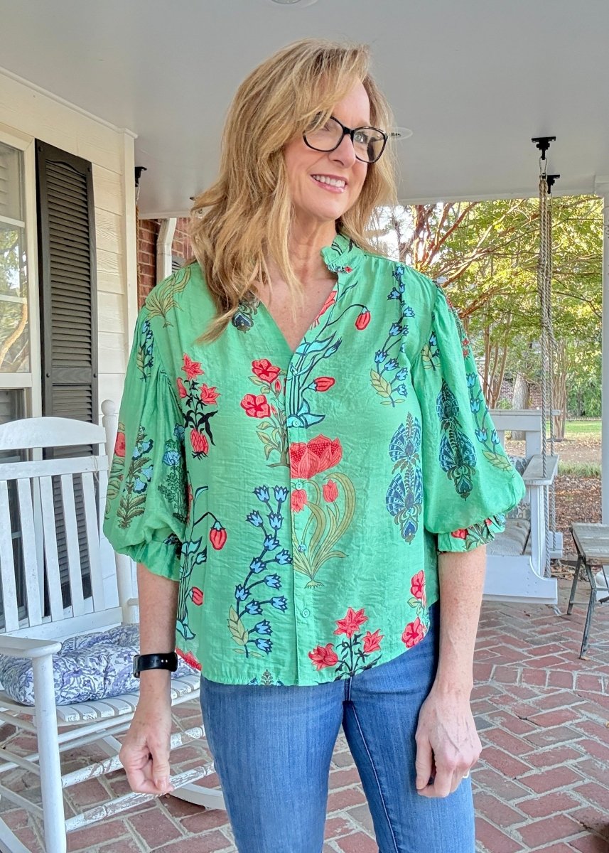 Front Row Buttons Top - Green - Floral Top - Jimberly's Boutique - Olive Branch - Mississippi