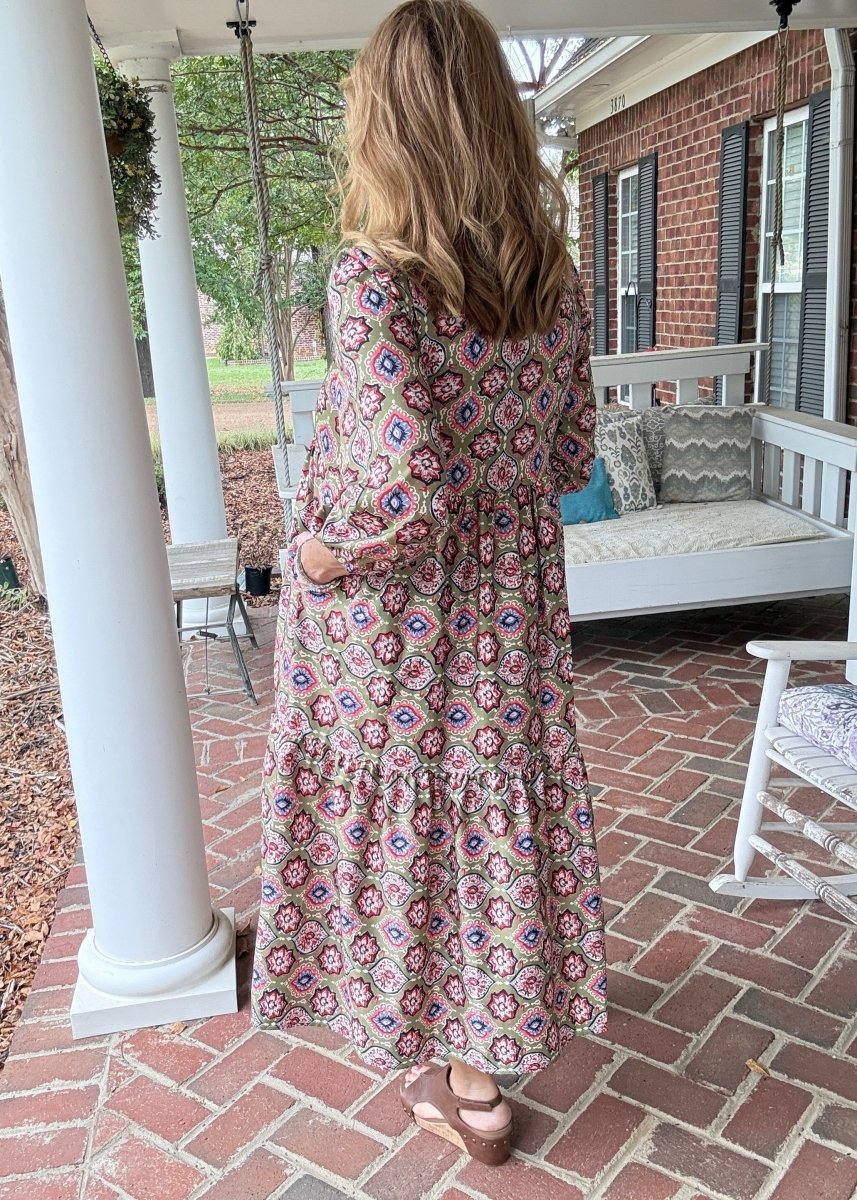 Geo Print Long Sleeve Maxi Dress - Maxi Dress -Jimberly's Boutique-Olive Branch-Mississippi