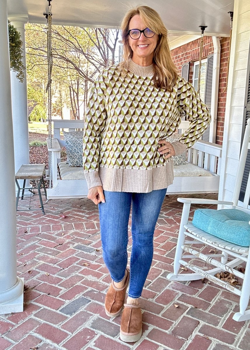 Geometric Mock Neck Sweater - Sage/Brown | Easel - Easel Sweater - Jimberly's Boutique - Olive Branch - Mississippi