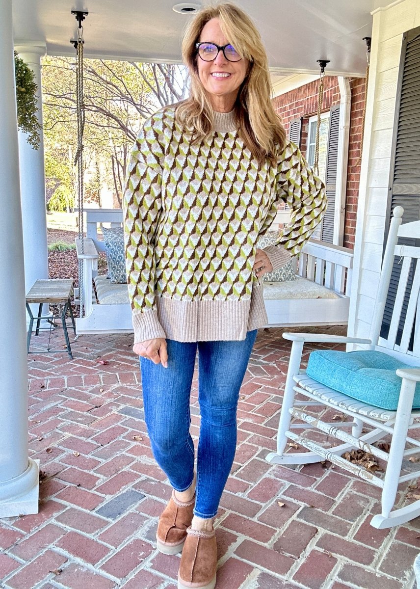 Geometric Mock Neck Sweater - Sage/Brown | Easel - Easel Sweater - Jimberly's Boutique - Olive Branch - Mississippi