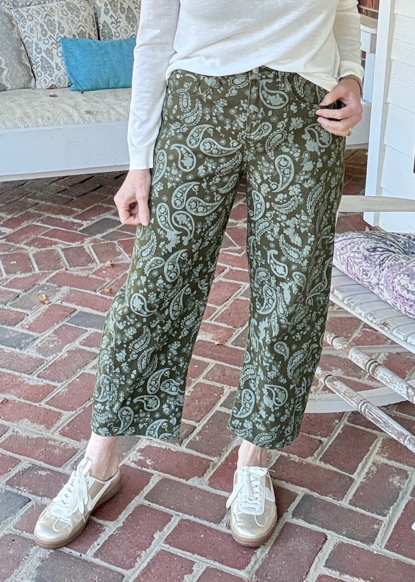 Green Paisley Barrel Pants - Barrel Jeans/Pants -Jimberly's Boutique-Olive Branch-Mississippi