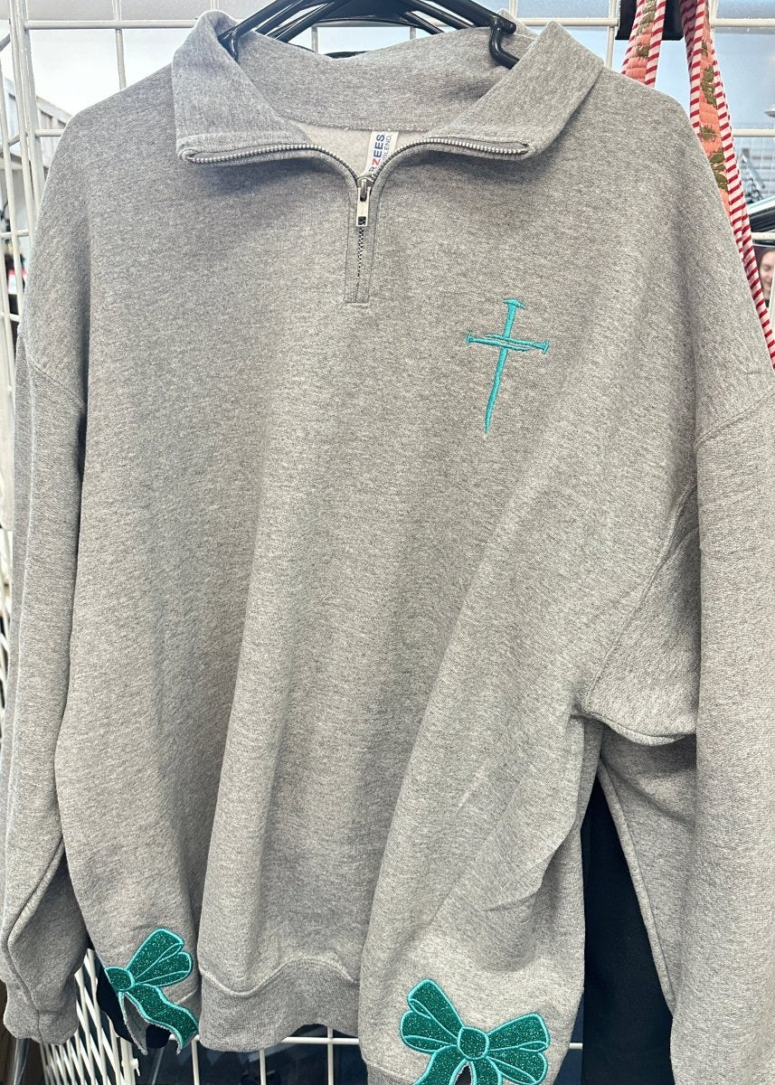 Grey w/Teal Cross Of Nails Glitter Side Bows Cadet Quarter - Zip Pullover - Cadet Quarter Zip - Jimberly's Boutique - Olive Branch - Mississippi