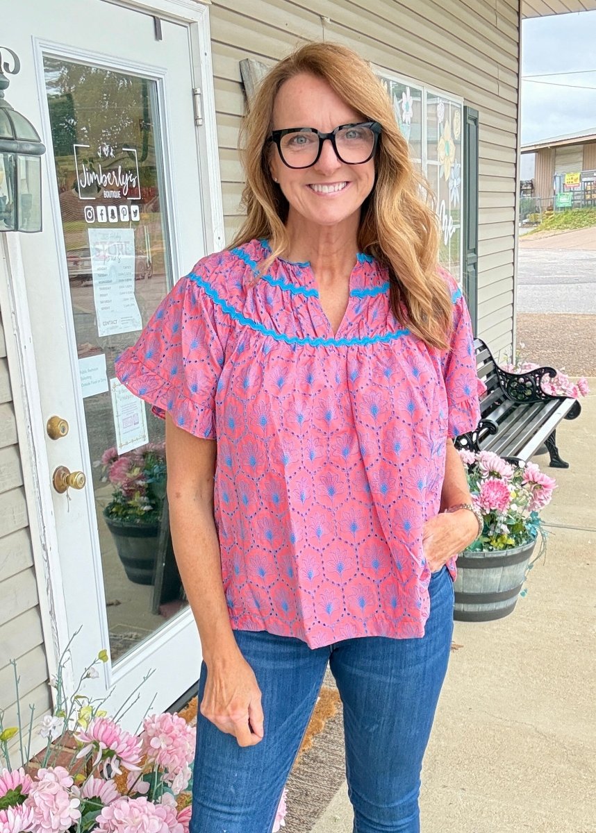 Hadley Eyelet Fabric Top - Pink | Umgee - Umgee Top - Jimberly's Boutique - Olive Branch - Mississippi