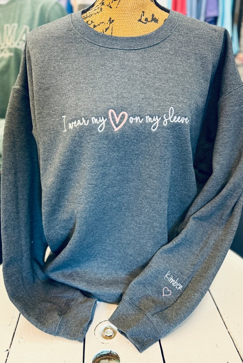 I Wear My Heart On My Sleeve Embroidered Sweatshirt - Dk Heather Grey - Casual Sweatshirt - Jimberly's Boutique - Olive Branch - Mississippi