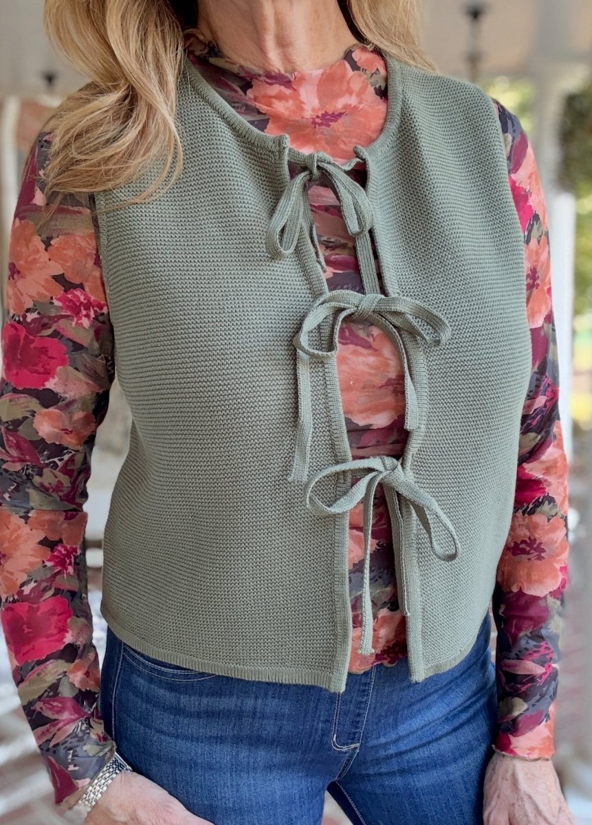 Jessie Tie Front Sweater Vest - Olive Green - sweater vest - Jimberly's Boutique - Olive Branch - Mississippi