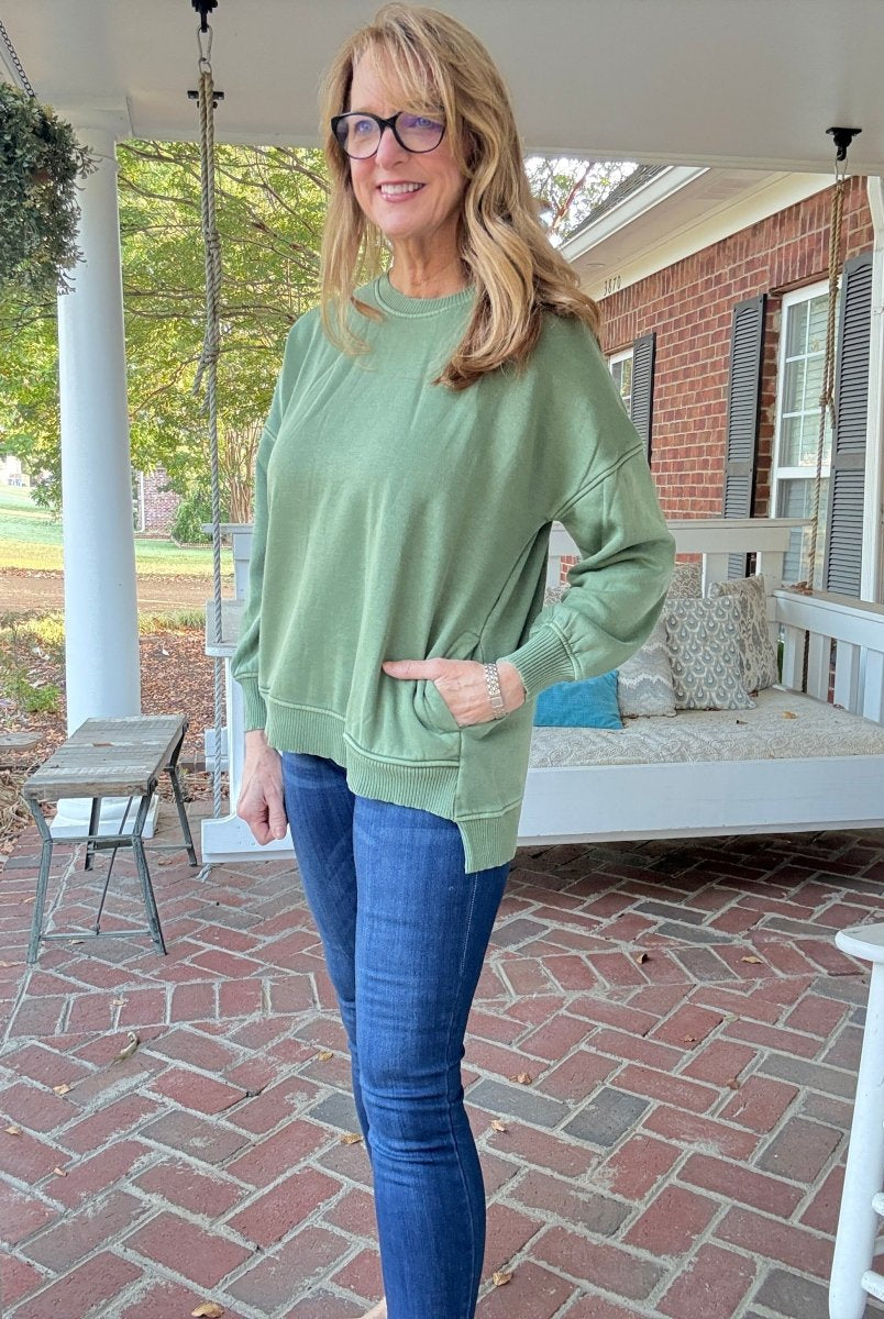 Legacy Hi - Low Hem Fleece Pullover - Olive Green - Casual Sweatshirt - Jimberly's Boutique - Olive Branch - Mississippi