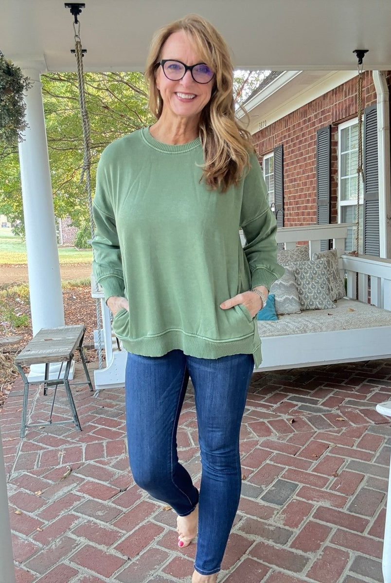 Legacy Hi - Low Hem Fleece Pullover - Olive Green - Casual Sweatshirt - Jimberly's Boutique - Olive Branch - Mississippi