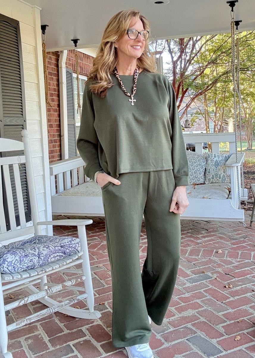 Lennon Scuba Crewneck & Pants Lounge Set - Dk Olive - lounge set - Jimberly's Boutique - Olive Branch - Mississippi