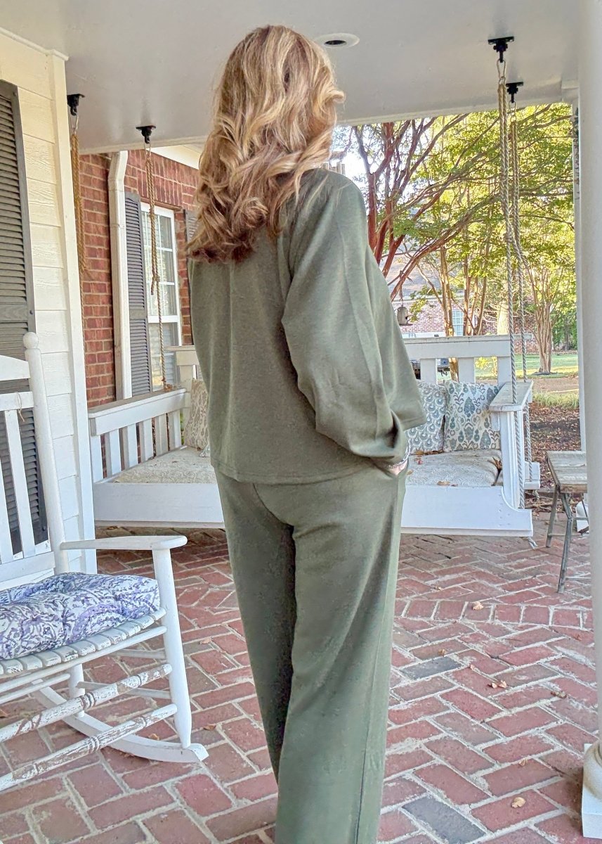 Lennon Scuba Crewneck & Pants Lounge Set - Dk Olive - lounge set - Jimberly's Boutique - Olive Branch - Mississippi