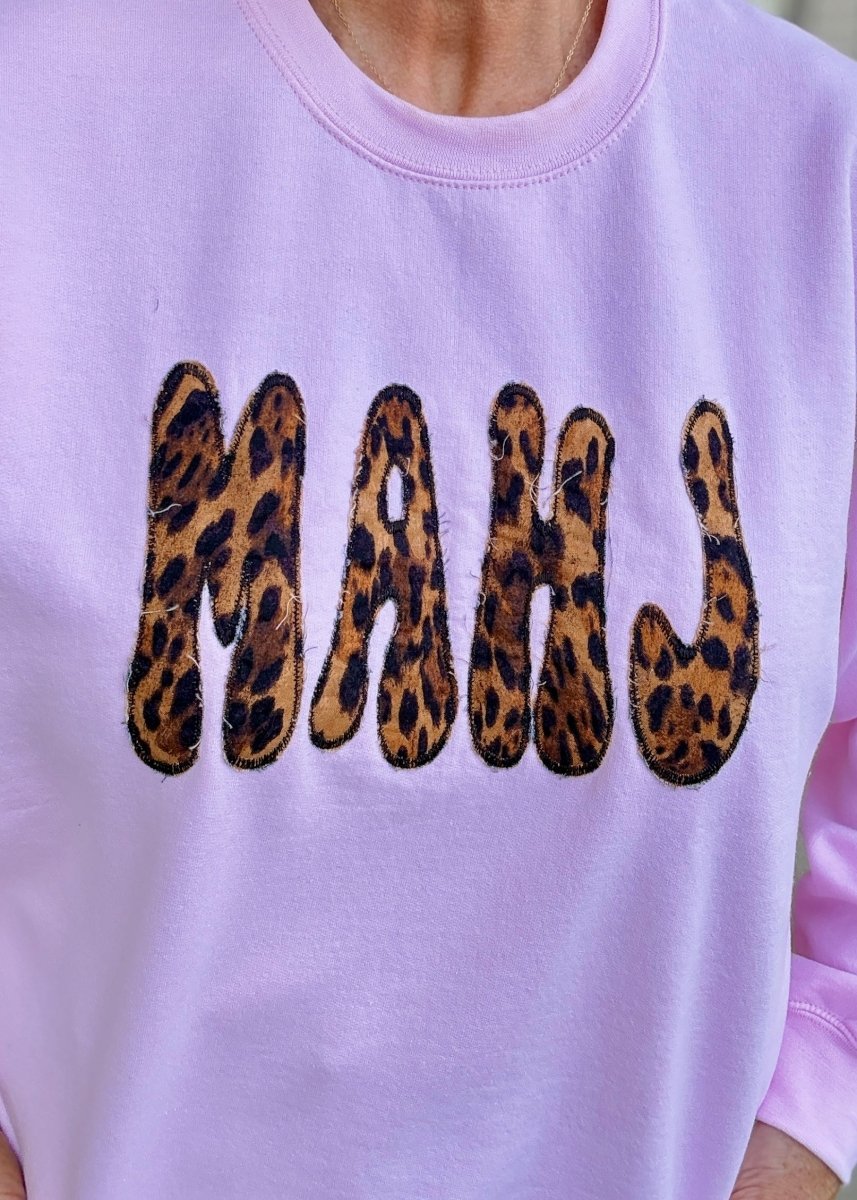 Leopard MAHJ Applique' Sweatshirt - Lt Pink - Embroidered Sweatshirt -Jimberly's Boutique-Olive Branch-Mississippi
