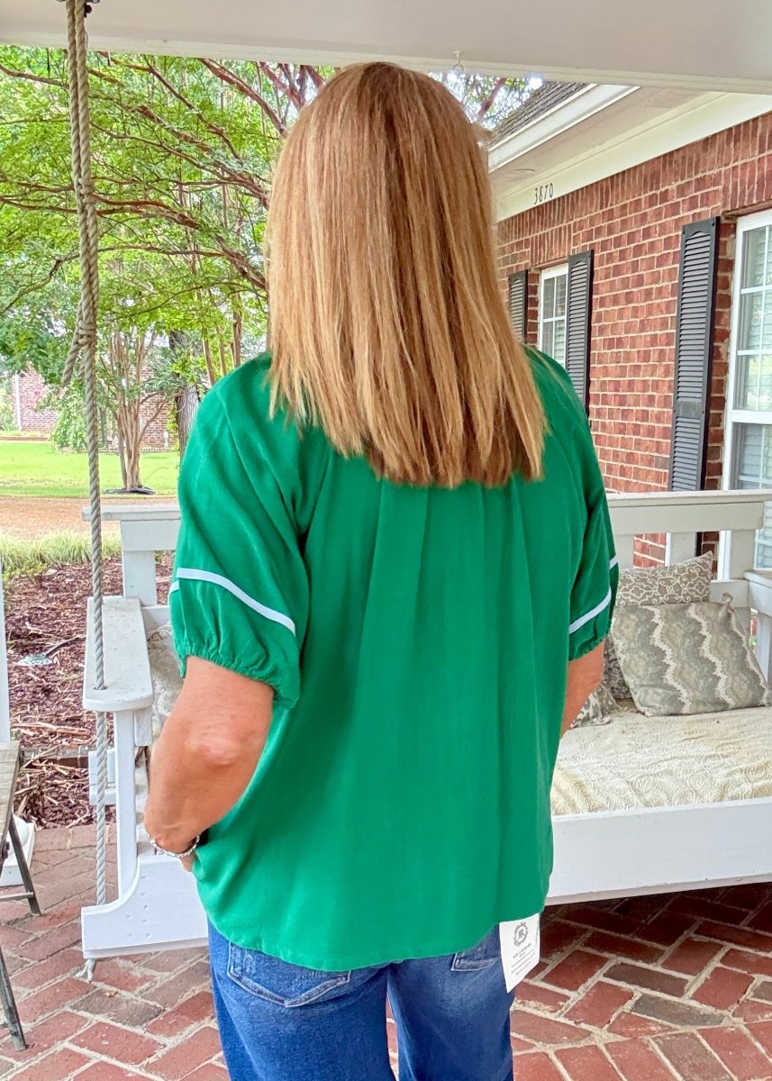 Linen Puff Sleeve Contrast Trim Top | Umgee - Umgee Top -Jimberly's Boutique-Olive Branch-Mississippi