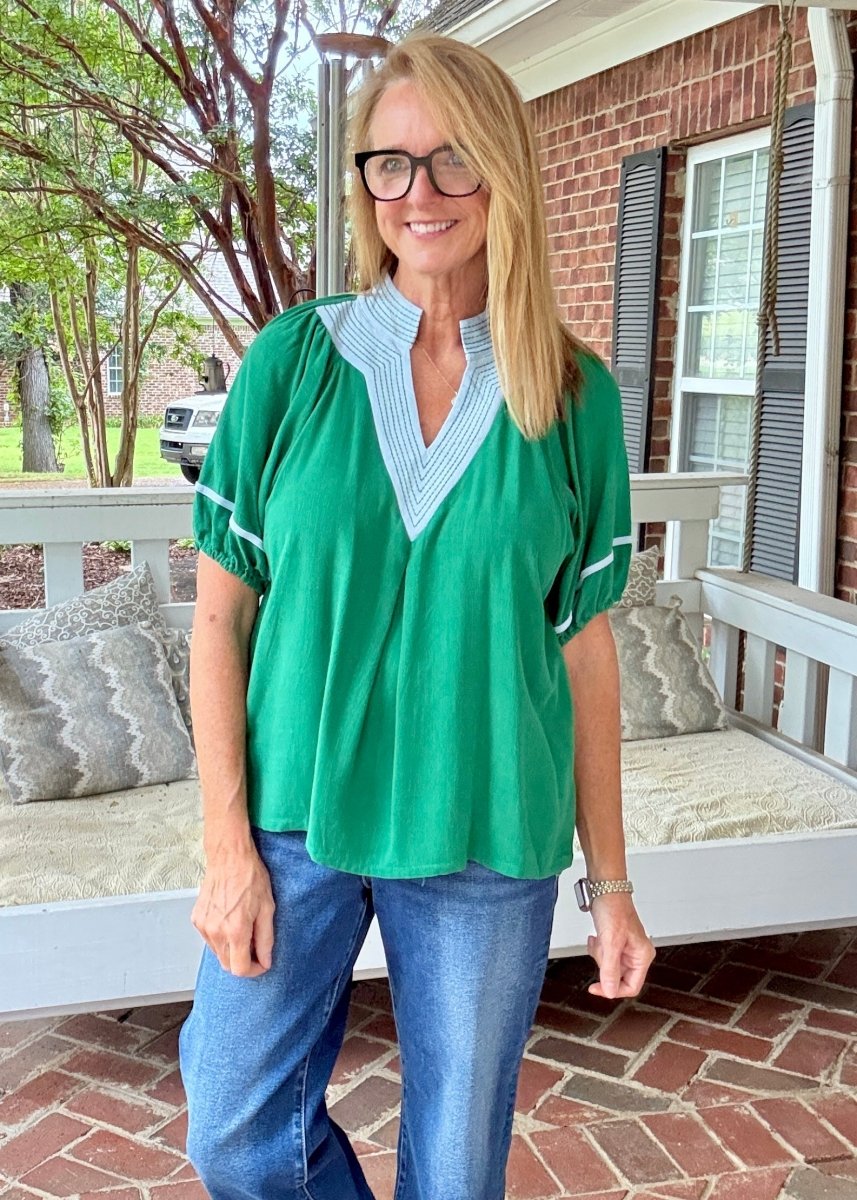 Linen Puff Sleeve Contrast Trim Top | Umgee - Umgee Top -Jimberly's Boutique-Olive Branch-Mississippi