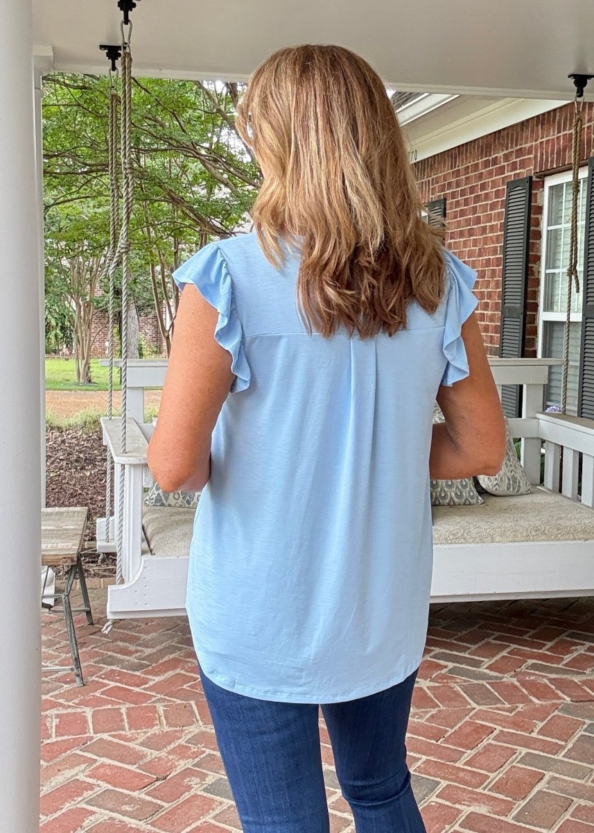 Lizzy Flutter Sleeve Top - Lt Blue | Dear Scarlett - Dear Scarlett Wrinkle Free Top - Jimberly's Boutique - Olive Branch - Mississippi