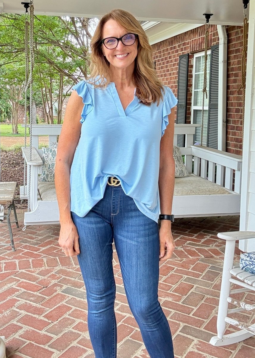 Lizzy Flutter Sleeve Top - Lt Blue | Dear Scarlett - Dear Scarlett Wrinkle Free Top - Jimberly's Boutique - Olive Branch - Mississippi