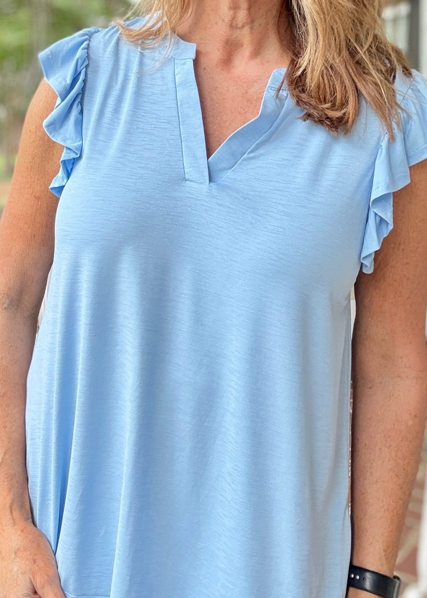 Lizzy Flutter Sleeve Top - Lt Blue | Dear Scarlett - Dear Scarlett Wrinkle Free Top - Jimberly's Boutique - Olive Branch - Mississippi