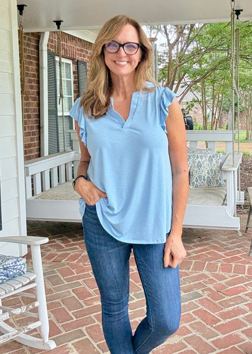 Lizzy Flutter Sleeve Top - Lt Blue | Dear Scarlett - Dear Scarlett Wrinkle Free Top - Jimberly's Boutique - Olive Branch - Mississippi